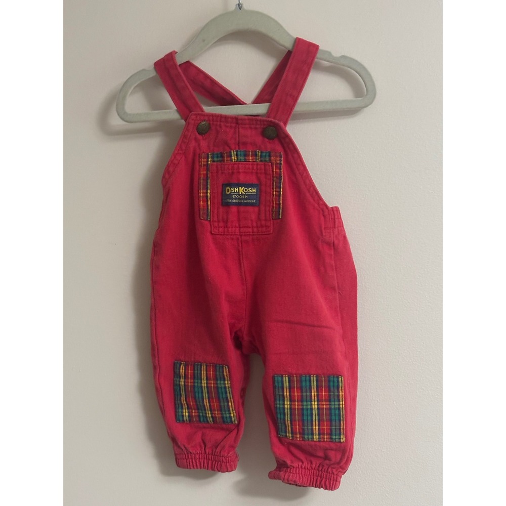 Vintage OshKosh Bgosh Red Plaid Patch Overalls 3/6 Months Made in USA Cotton